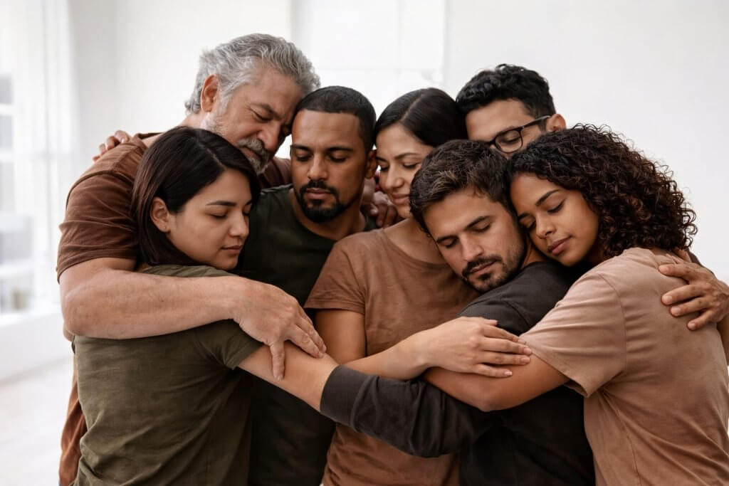 Emotional people hugging.